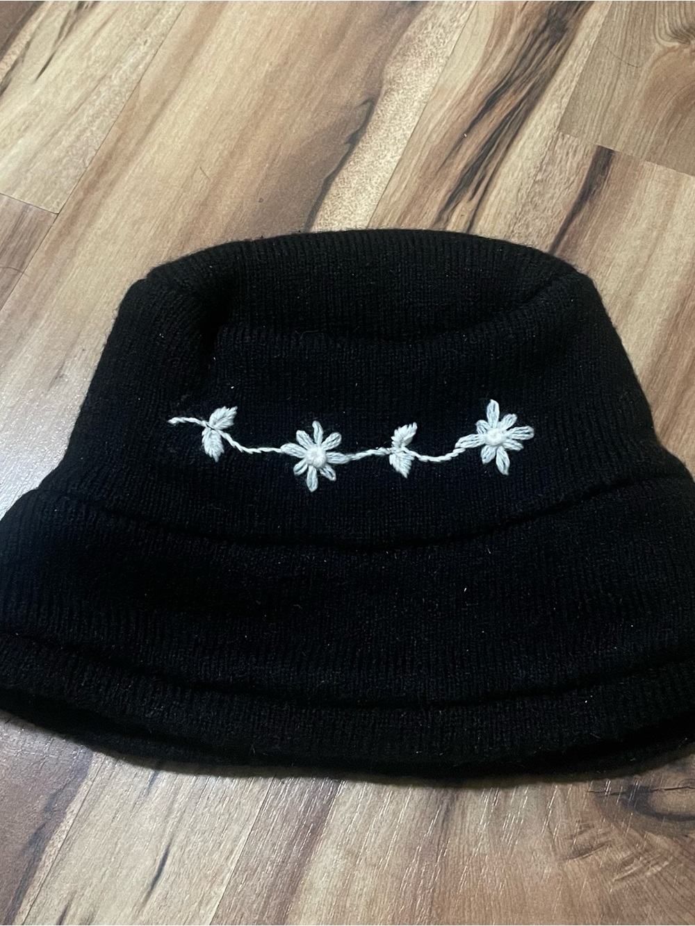 Y2K 2000s Gilmore Girls Style Black Embroidered Floral Knit Bucket Hat